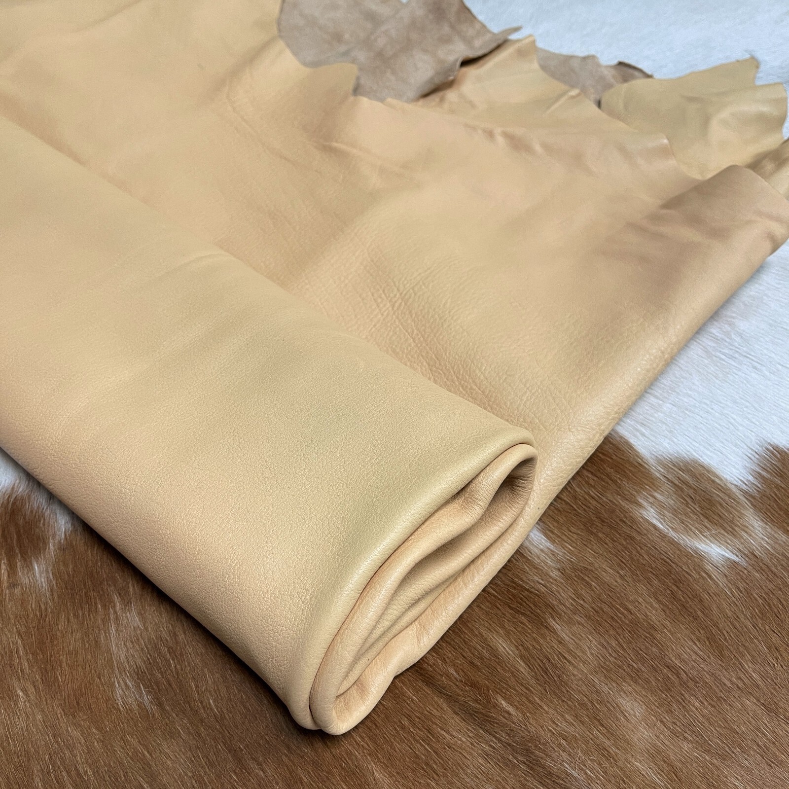 Almond Beige Cow Leather 3 oz 1.2mm Full Grain Hide Rough Cut by the Square Foot