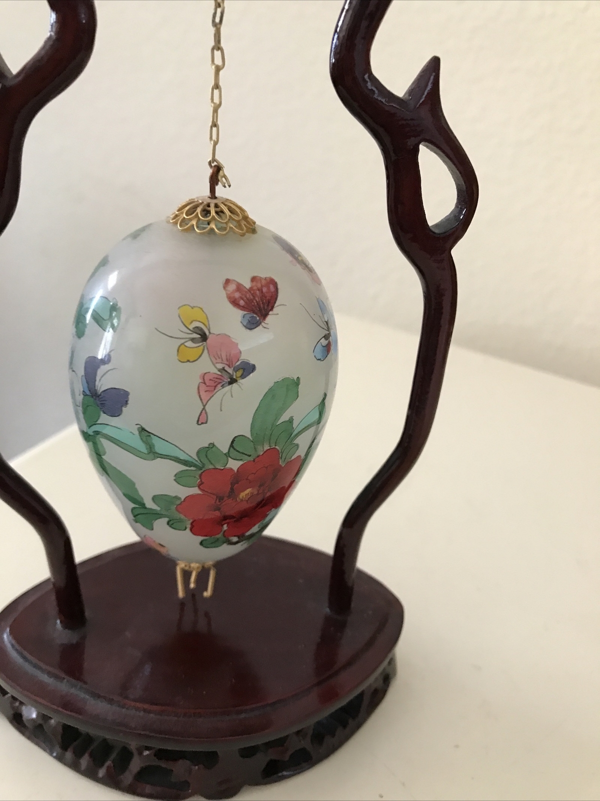 Vintage Reverse Hand painted Hanging Chinese Glass & Brass Egg On Wood Stand