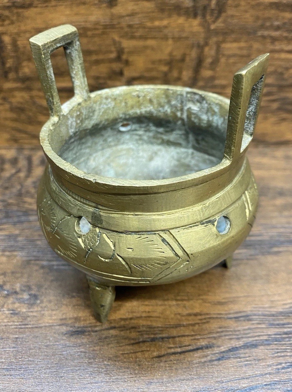 Chinese Brass Tripod Censer Incense Burner Altar Bowl Marked Vintage