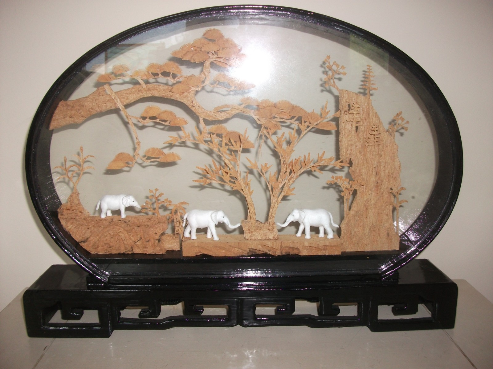 Vintage Chinese Cork Carving Diorama W/ Elephants Lacquered Shadowbox 20″ long