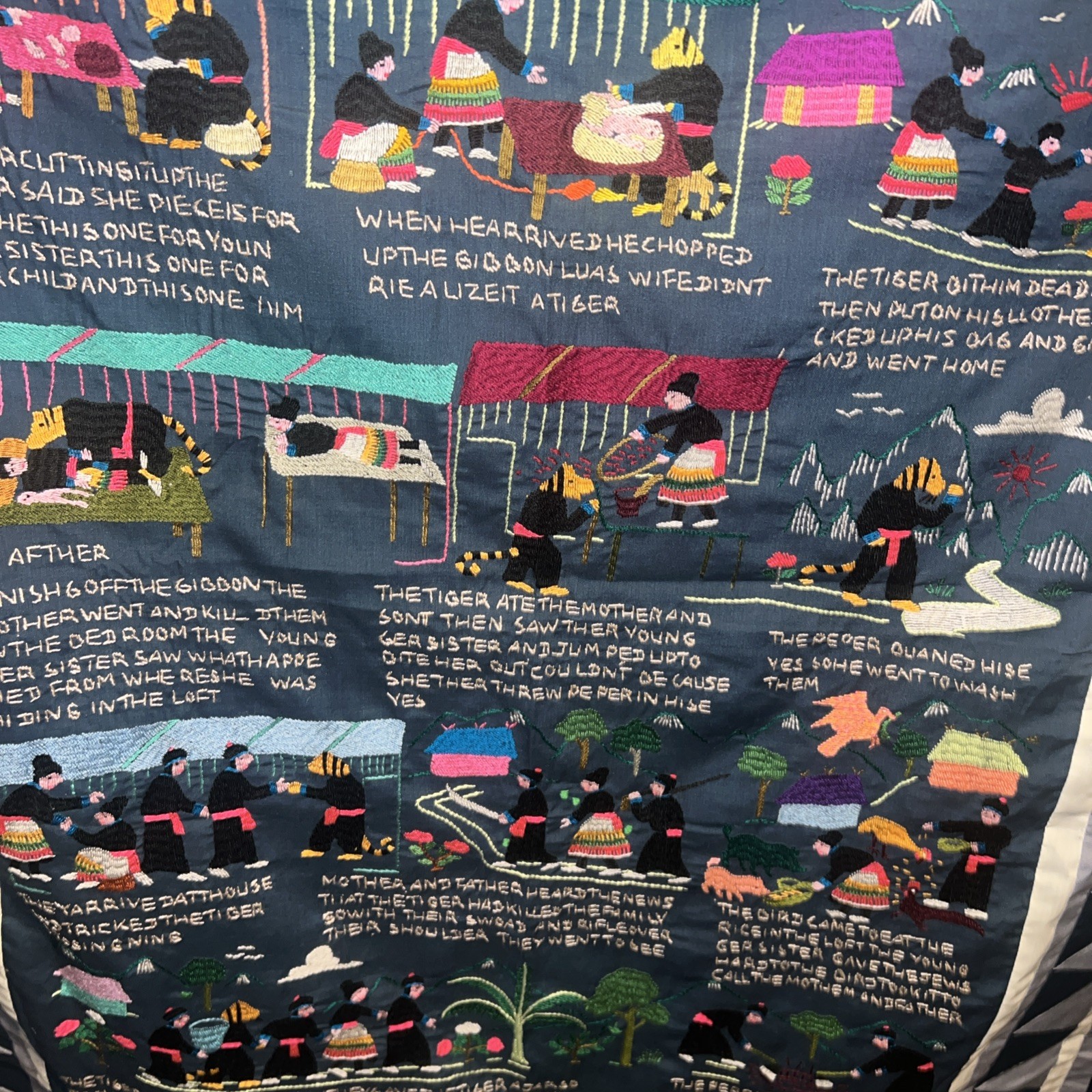 Vintage Hmong Hand Embroidered story cloth tapestry 38X52 Beautiful Blanket