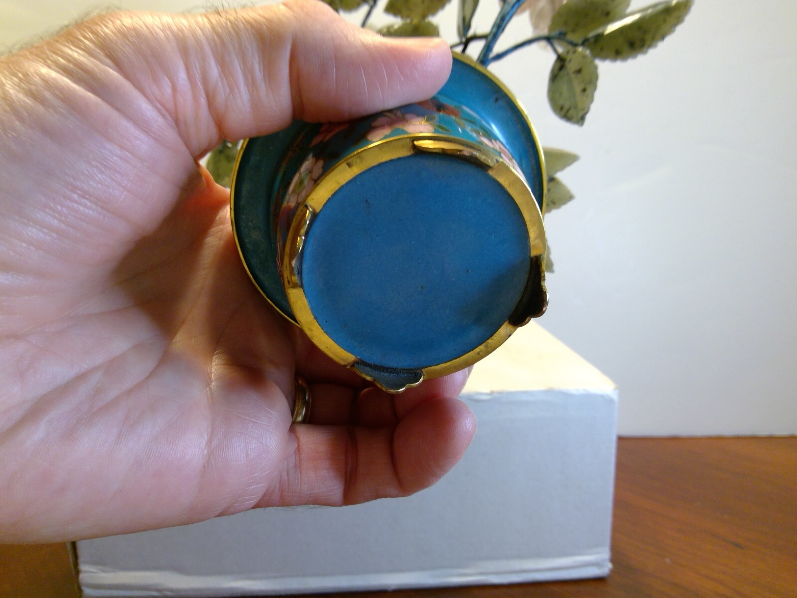 Vintage Chines Cloisonne Pot Bonsai Tree Craved Stone Flowers & Leaves 11″ Tall