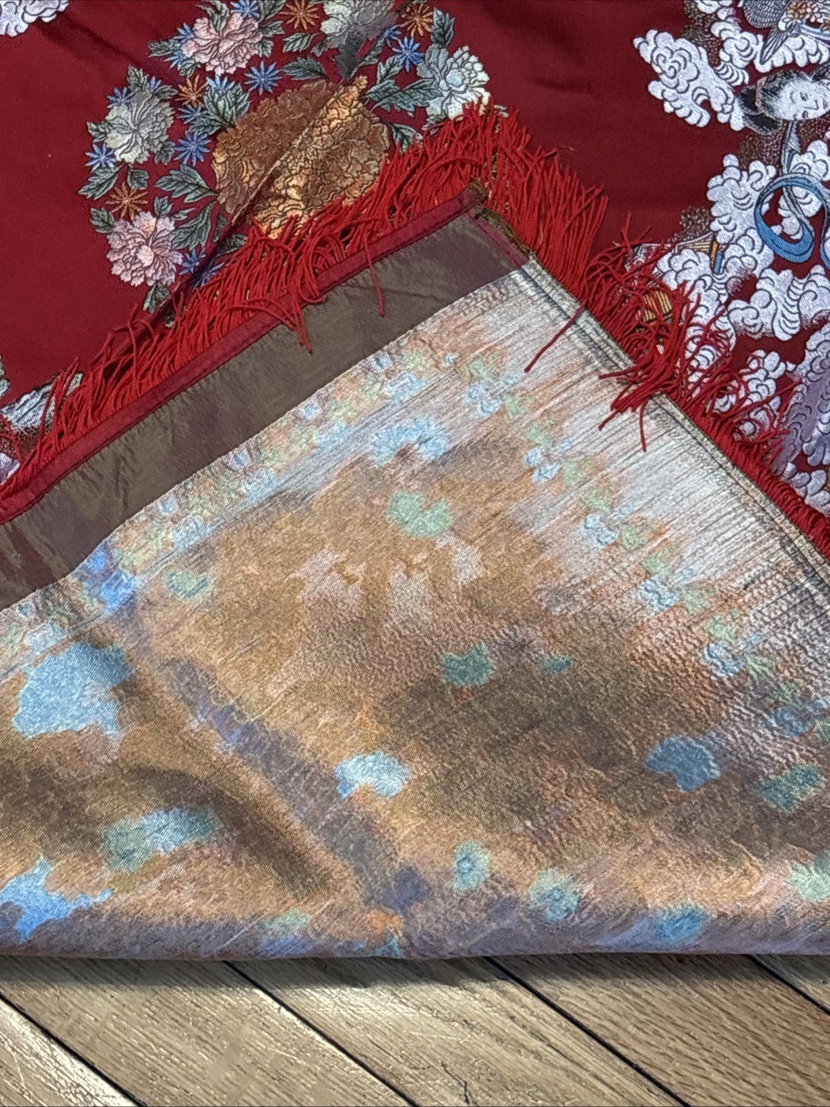 Vintage Chinese Silk Brocade Tablecloth fringe Tapestry Embroidery 38” x 37”
