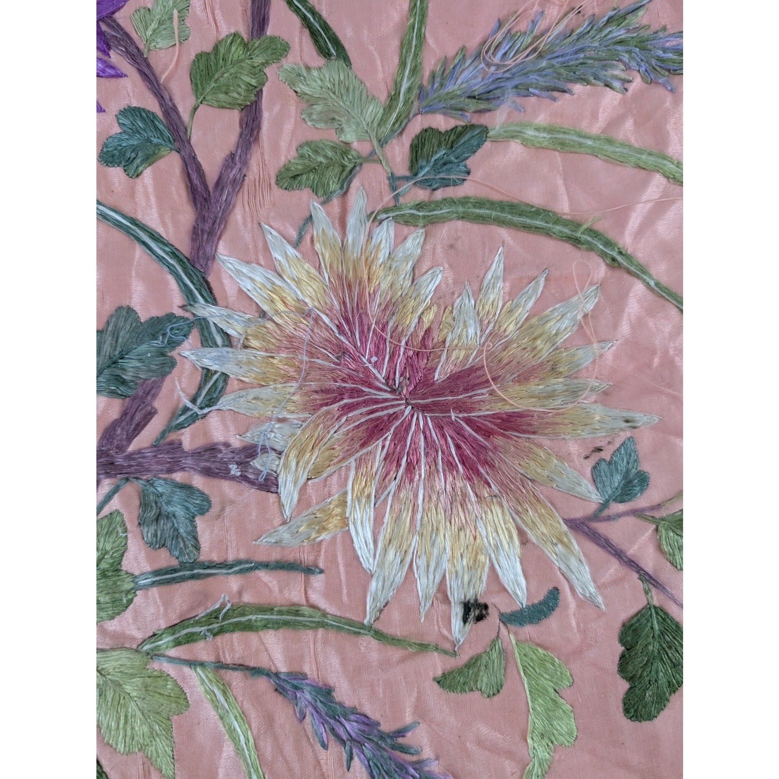 Vintage Chinese Hand Embroidered Floral & Butterfly Silk Textile 23x18in