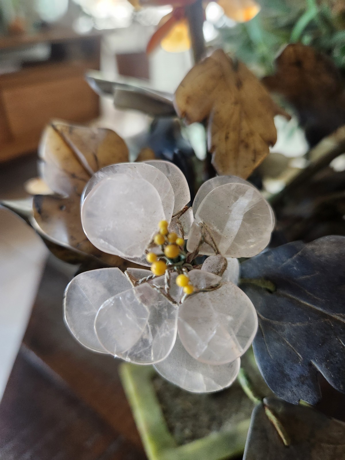 Vintage Chinese Jade And Multi Color Semi Precious Stone Flower Bonsai Tree