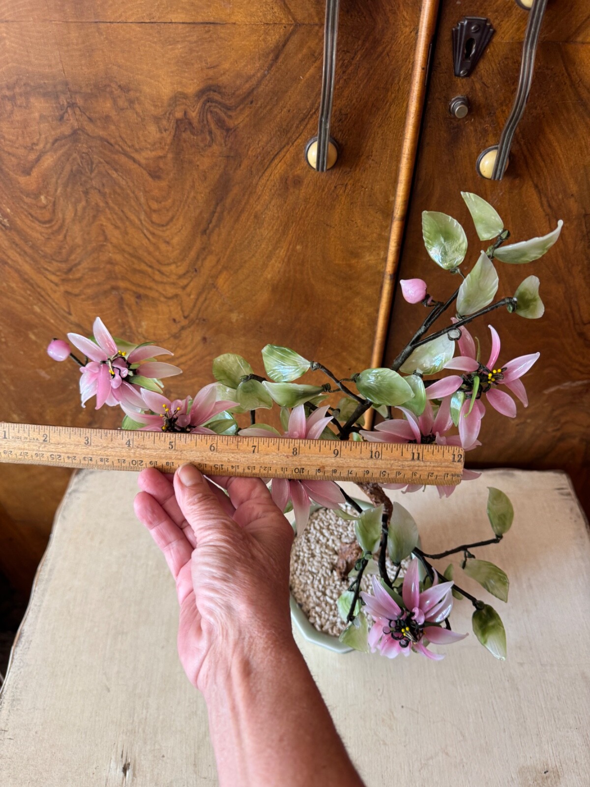 CHINESE JADE QUARTZ GLASS FLOWER TREE VINTAGE CELADON VASE PINK
