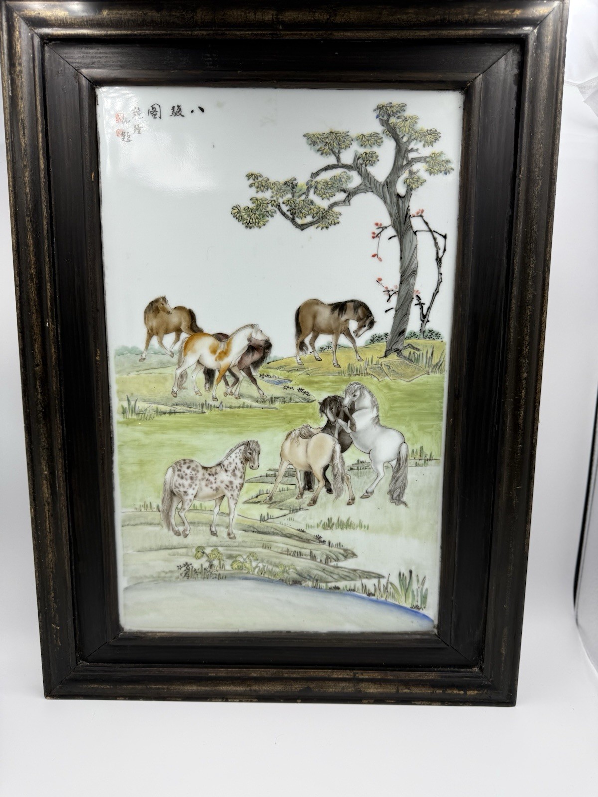 Chinese Hand Painted Porcelain Plaque Eight Horses Framed Wall Art Vintage