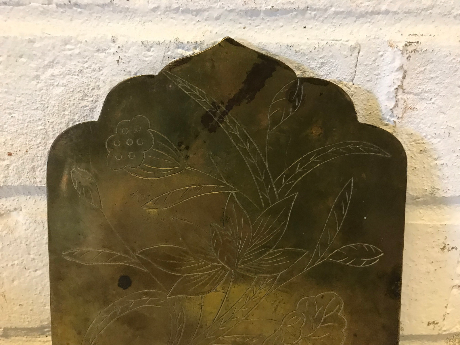 Antique Chinese Porcelain Painted Plaque Inset in Brass Frame Floral Decoration