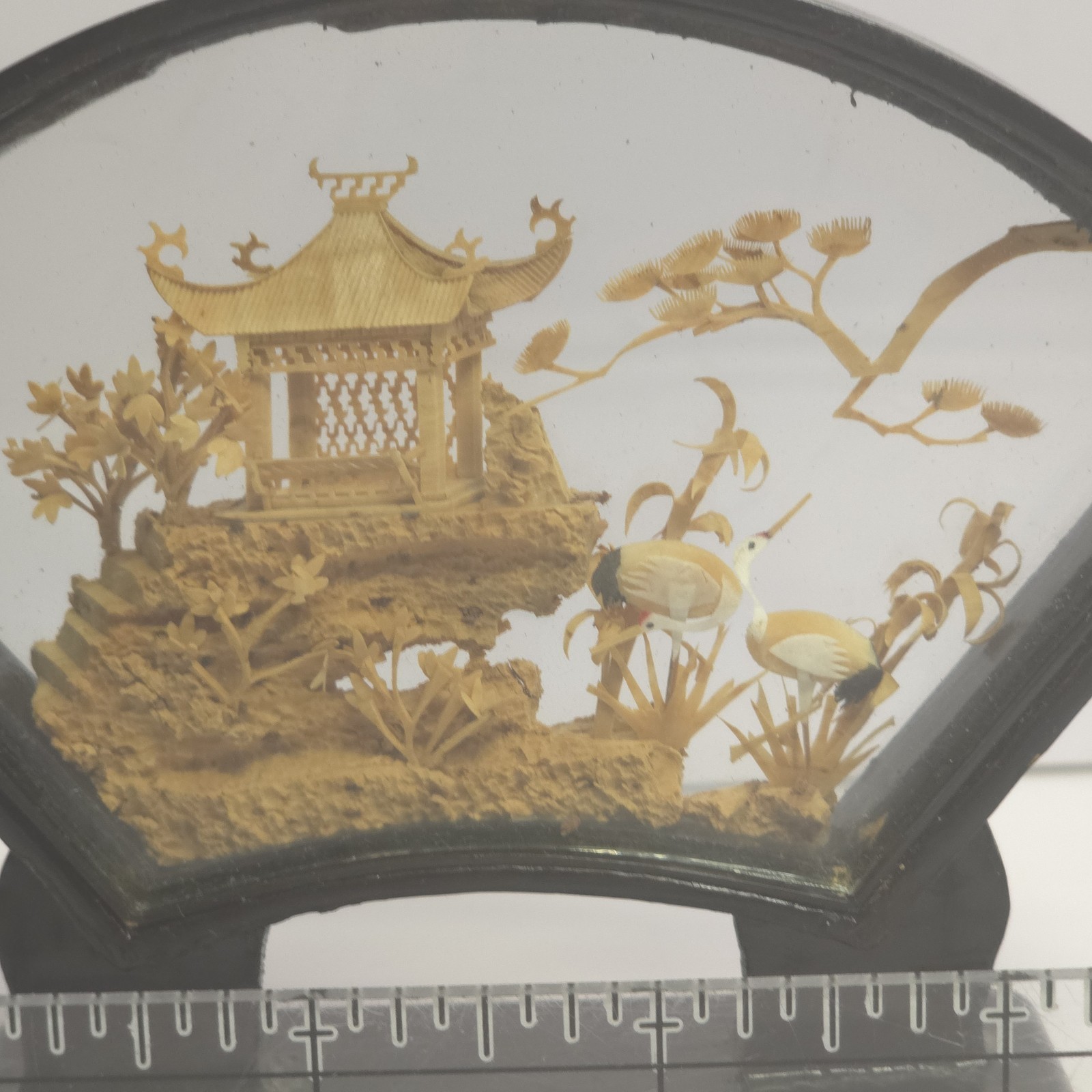 VINTAGE CHINESE SAN YOU DIORAMA CORK CARVING GLASS CASE PAGODA TREES & CRANES.