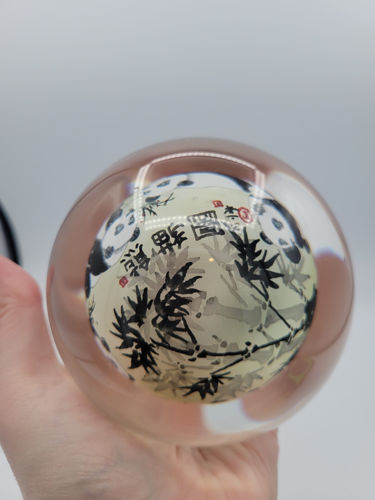 Chinese Art Glass Ball Sphere Paperweight Reverse Hand Painted Pandas NO Base