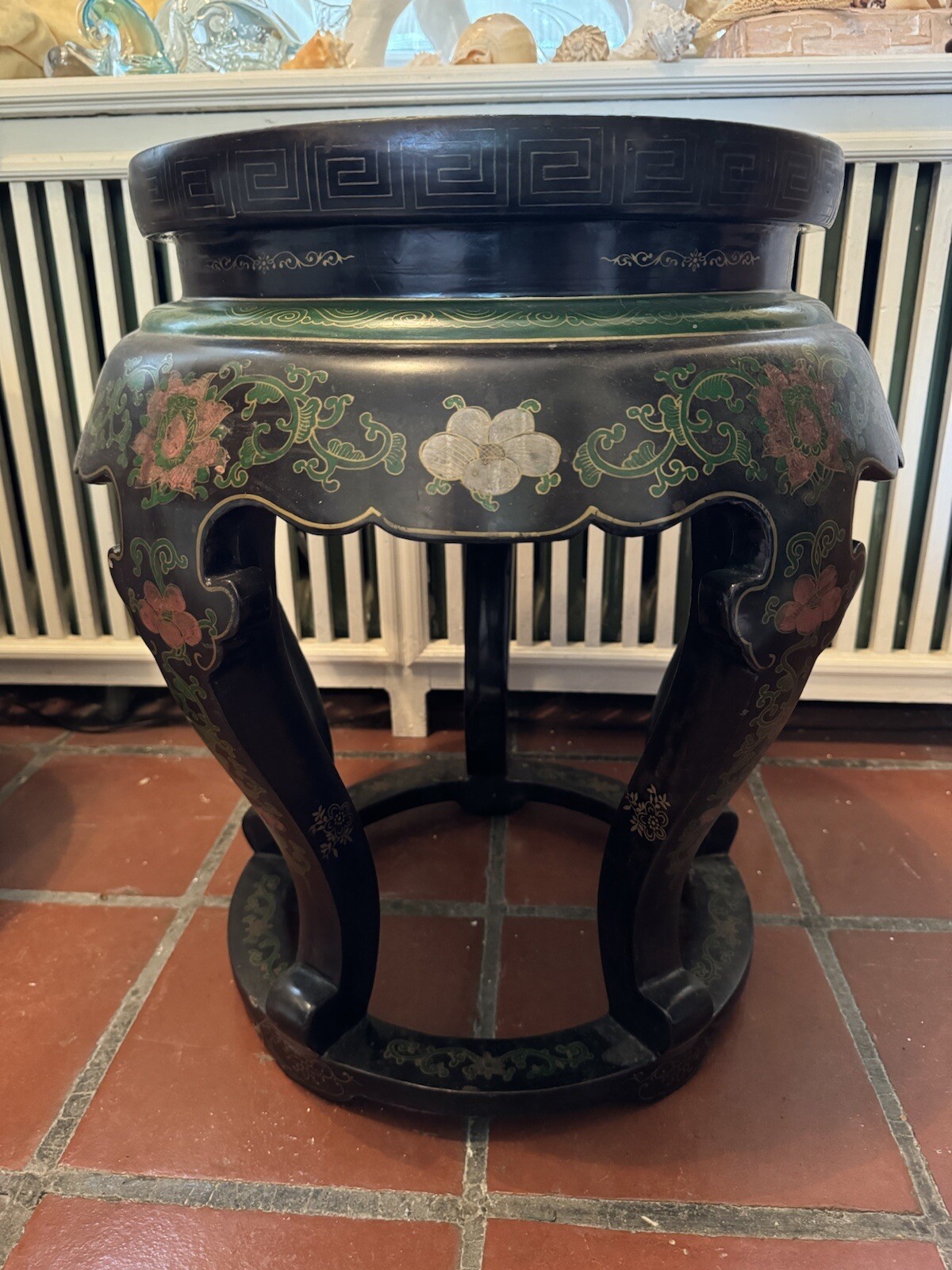 Antique Chinese Cloisonne Top Round Jardiniere Stand Two Fish Motif
