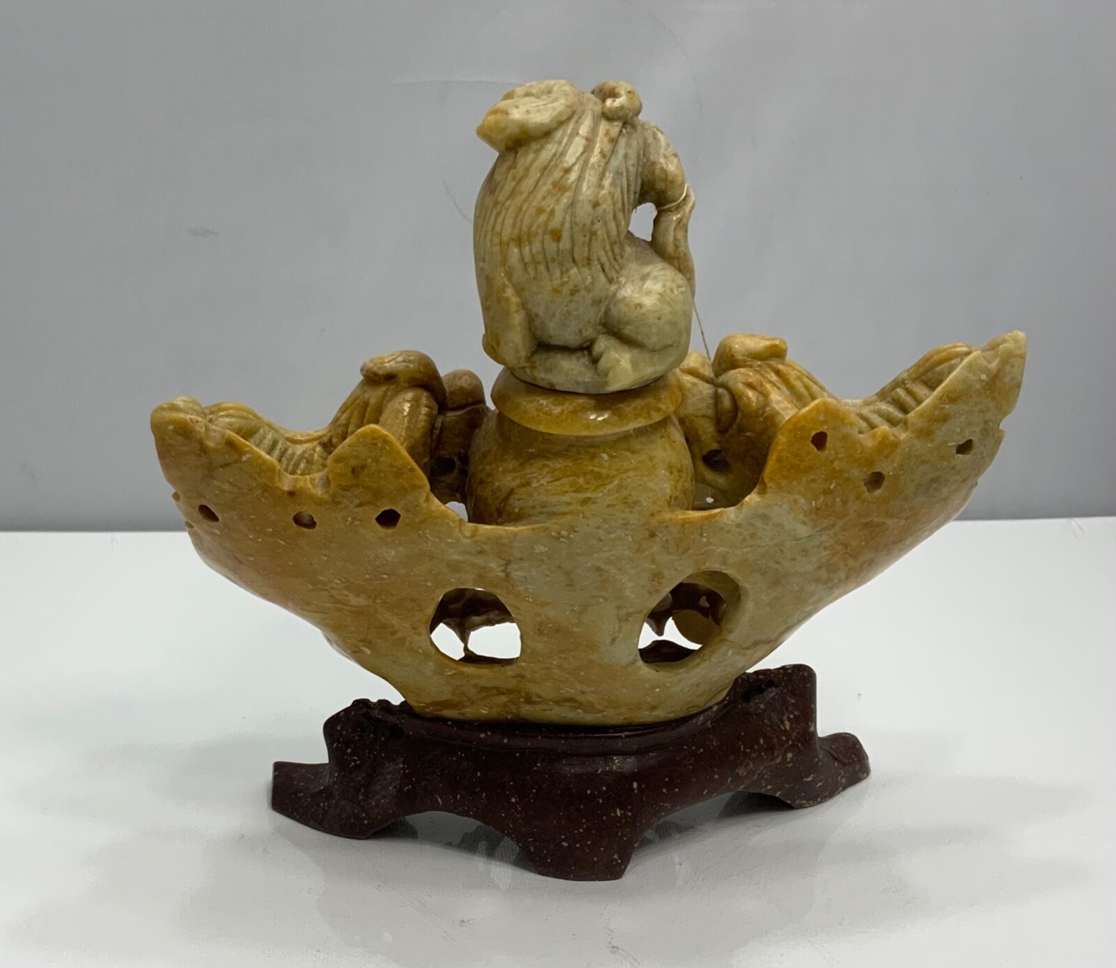 VINTAGE HAND CARVED SOAP STONE INCENSE BURNER FOO DOGS/LIONS