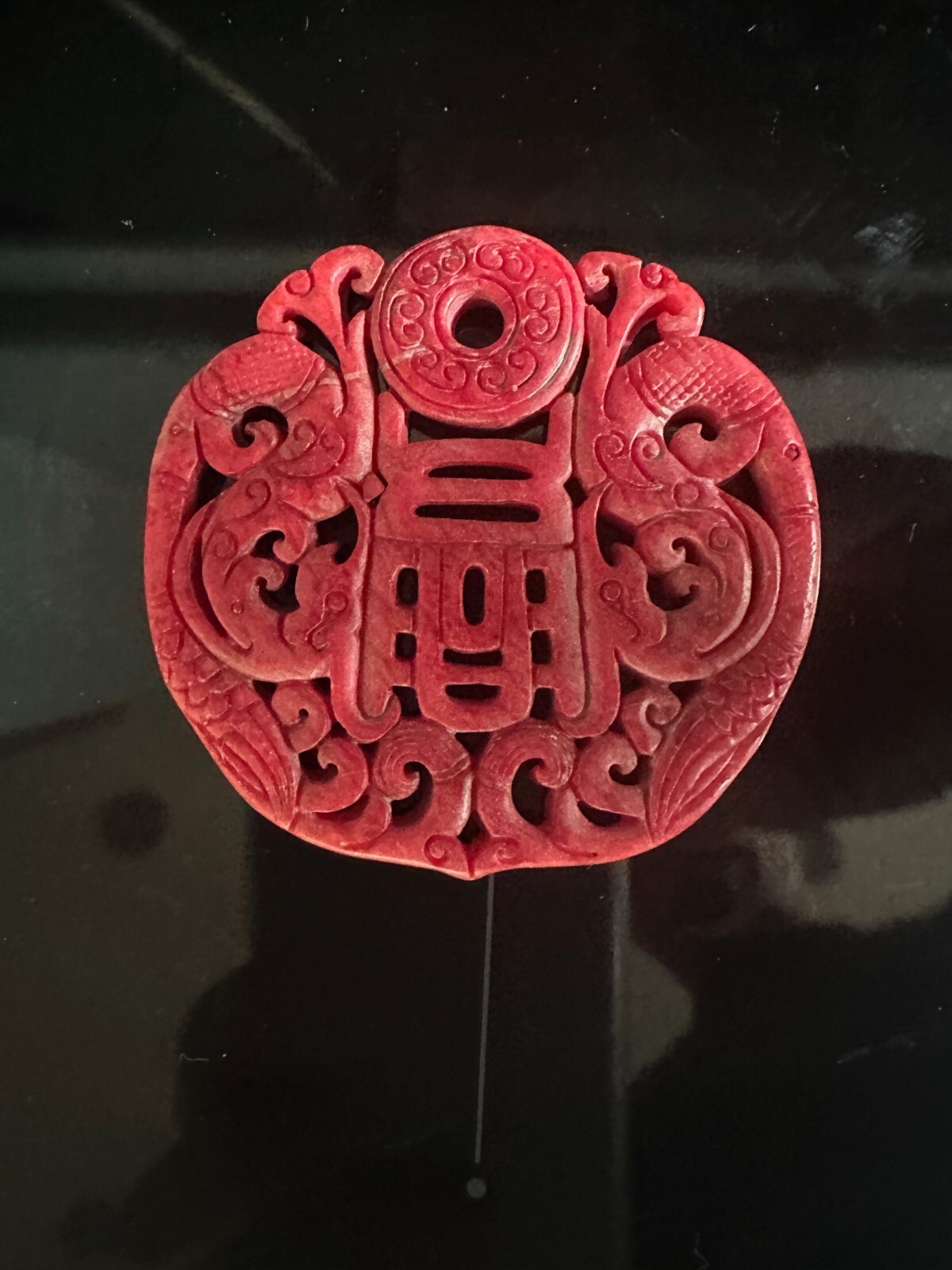 Chinese Red Cinnabar Crystalline Disk – Five Blessings Longevity Pendant
