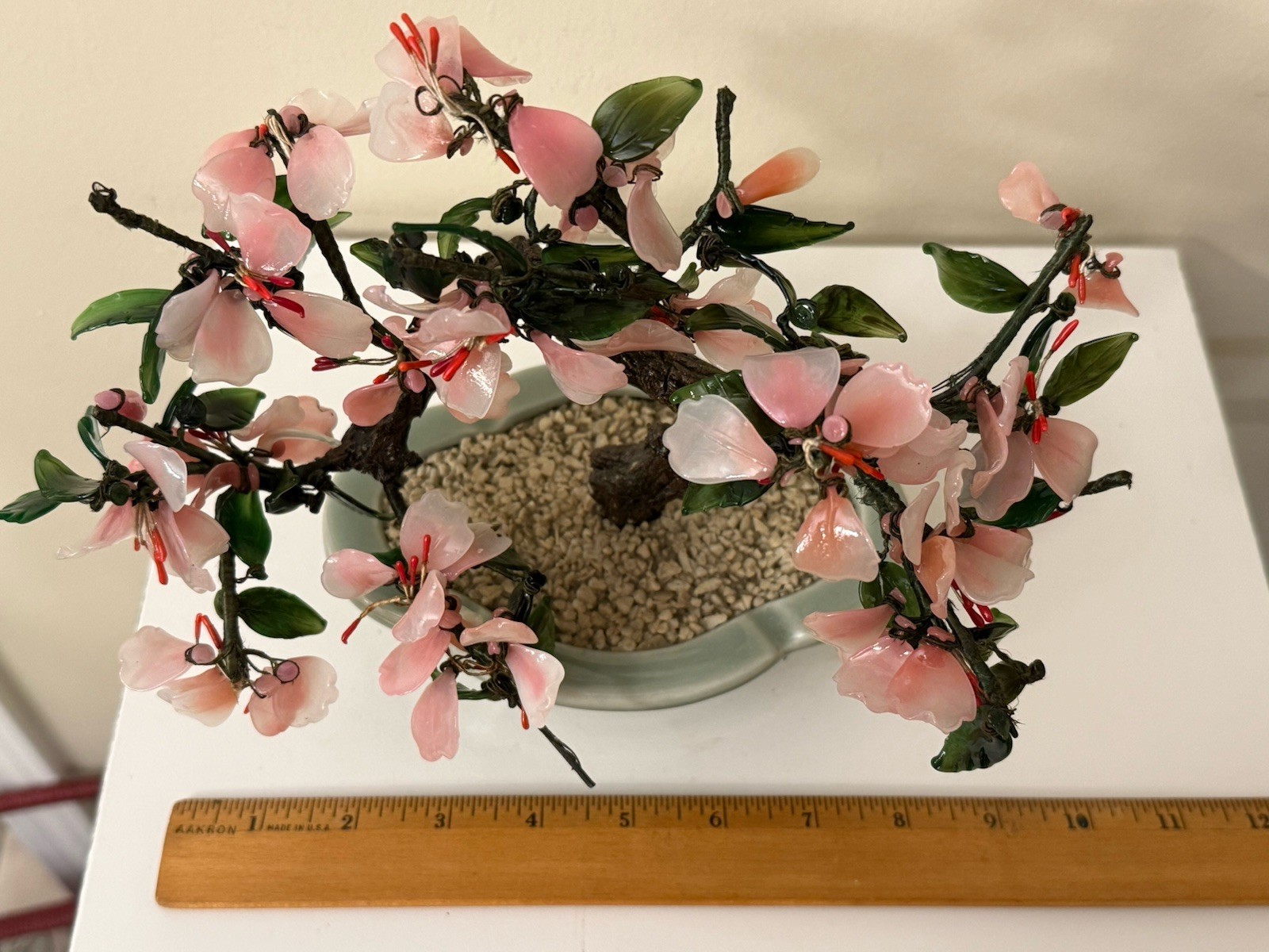Vtg Asian Jade Glass Flowering Pink Cherry Blossom Bonsai Tree Ceramic Pot 8×9”