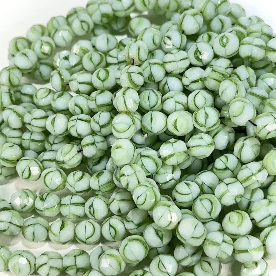 White and Green 2-tone Czech Fire Polished Round Faceted Glass Beads 8mm 50pcs