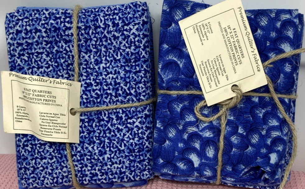 16 Fat Quarters 18×22 Fabric Cuts Assorted Blue 100% Cotton New