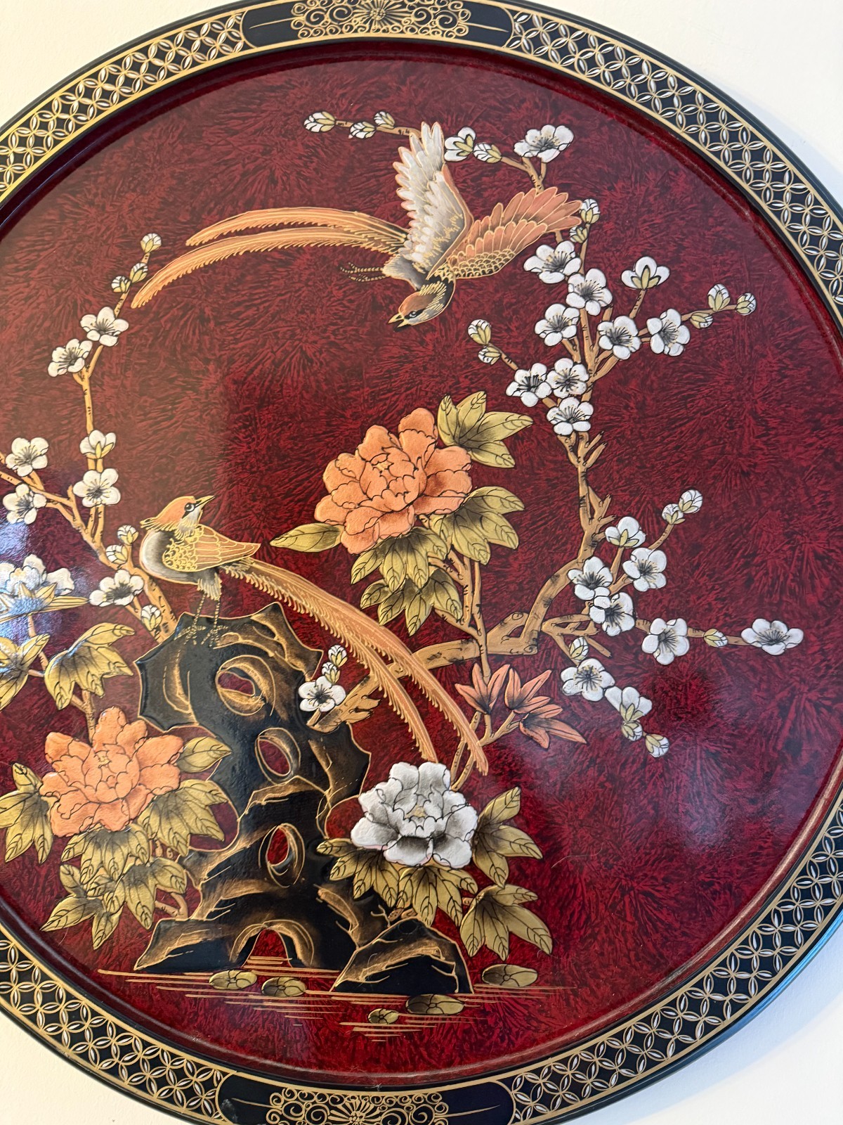 Elegant Vintage/Antique Chinese Inlaid Mother of Pearl Lacquer Wood wall plaque