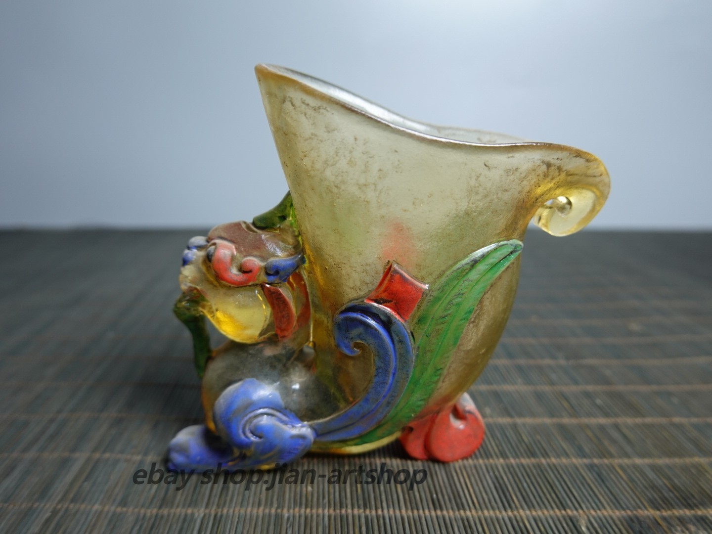 4.1″Collect Old China Coloured Glaze Painted Pixiu Beast Handle Three-legged Cup