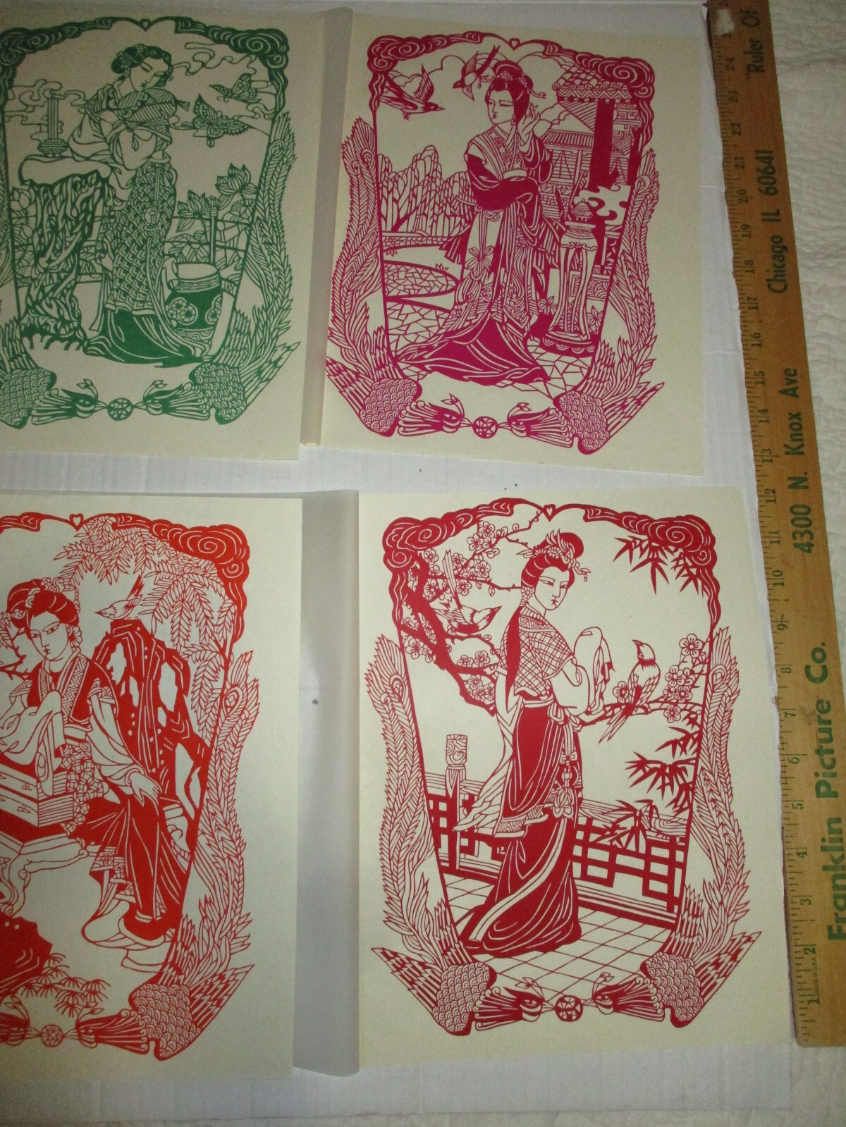 Lot of 4 Chinese Geisha Girls Paper Cuts Vintage 12×8 Unused 1950’s w/Envelope