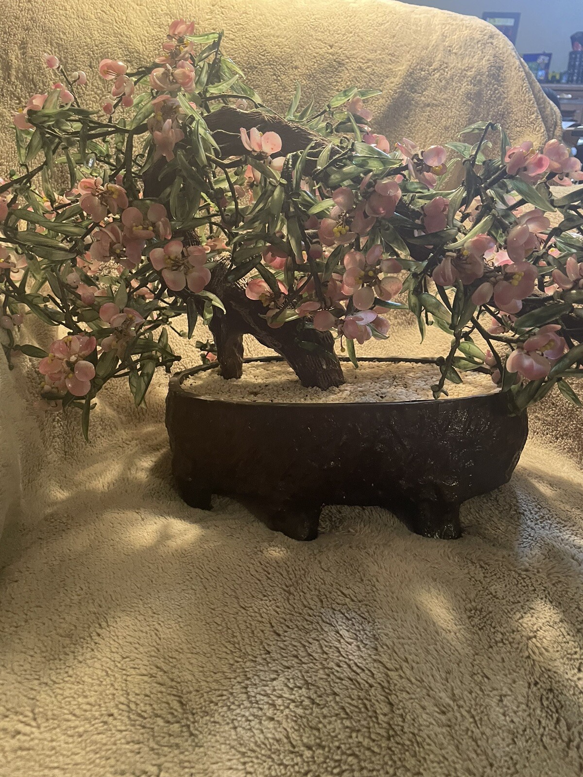 Vintage Large Chinese Jade Stone Glass Bonsai Flower Tree Rare!!!￼ .