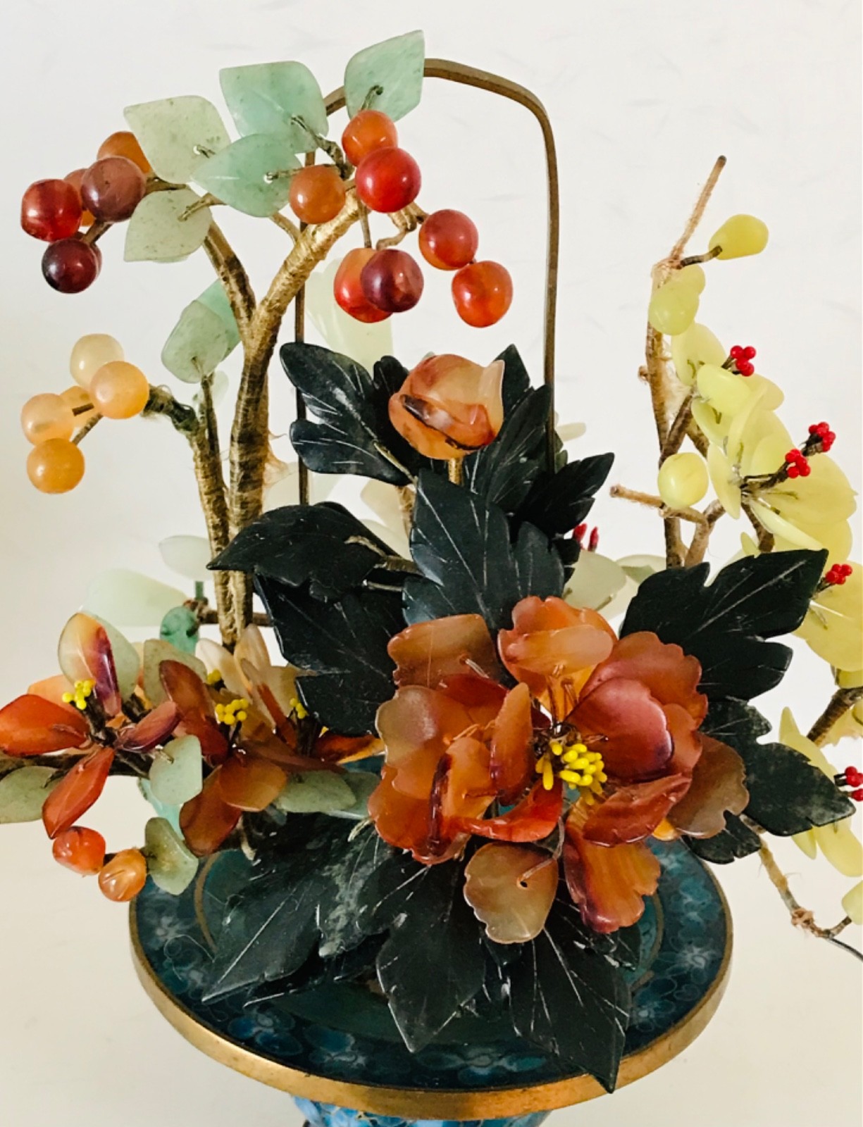 Chinese Cloisonne Jade Tree Flower Basket 8″ Inches Tall