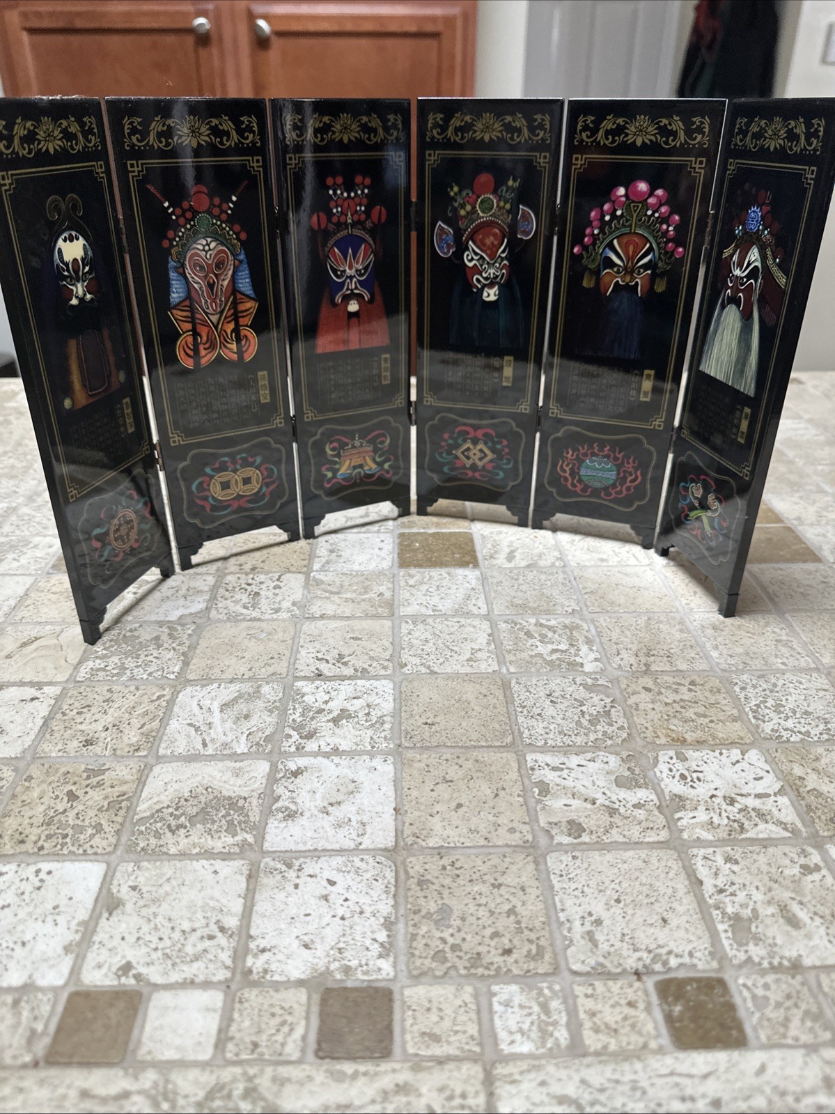 Peking Opera Masks Mini 6-Panel Wood Folding Screen Black Lacquer, Chinese Opera