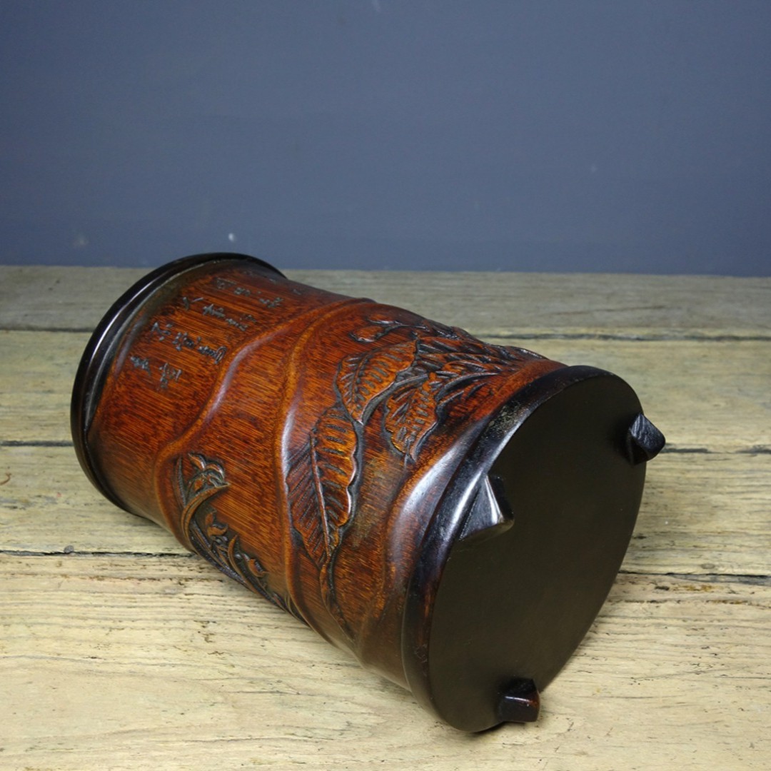 Vintage Hand Carved Bamboo Orchid Brush Pot Sandalwood Inlaid 19cm