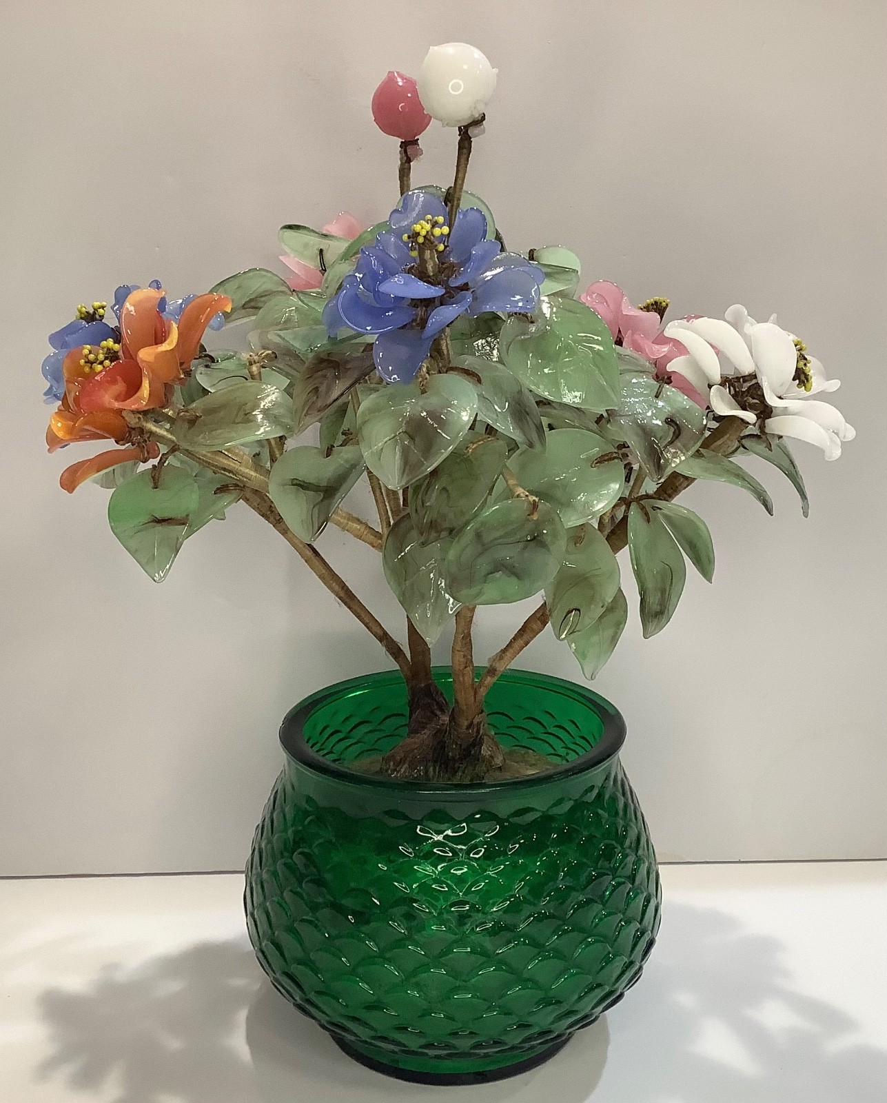 Vintage Chinese Jade Color Glass Flowering Bonsai Tree in E.O. Brody Vase