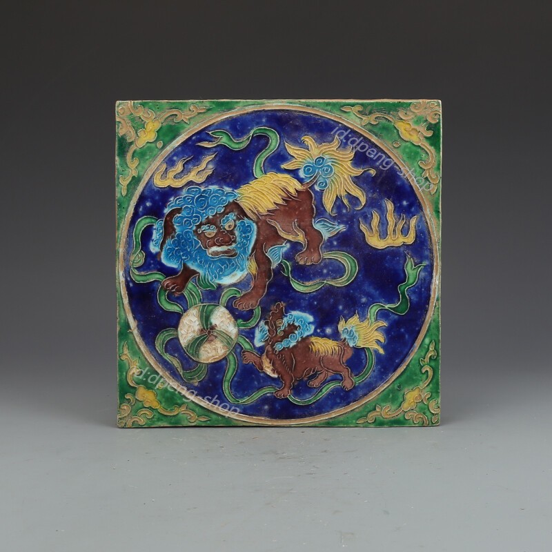 8″ Chinese Yuan Fahua Colour Porcelain Carve Animal Foo Fu Dog Lion Ground Tile