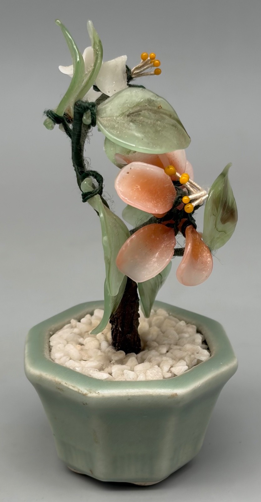Vintage Miniature Chinese Bonsai Tree Carved Flowers & Leaves Jade 5 1/4″