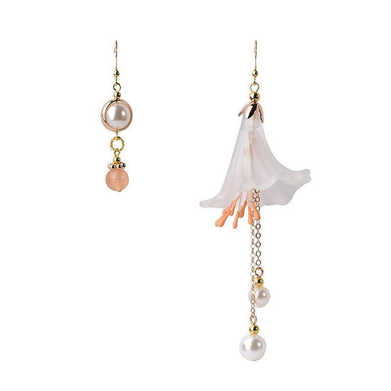 Chinese Coloured Glaze/Pearl Asymmetric Flower Tibetan Style Earbob Earrings