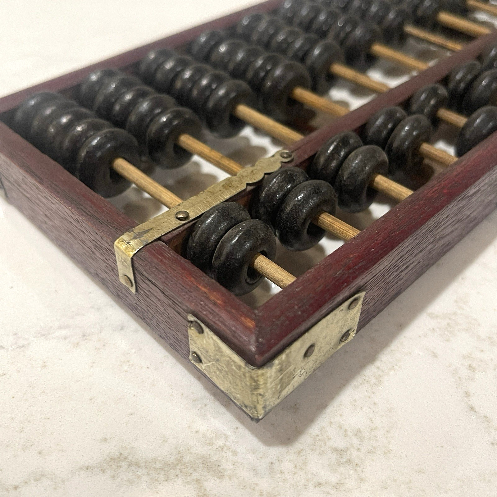 Vintage Abacus Brass Corners Chinese style Calculator Dark Wood 11 x 4.5 inch