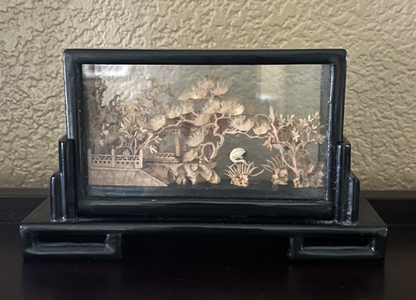VTG CHINESE 3-D CORK MINI DIORAMA – Pagoda &Trees- Framed Under GLASS