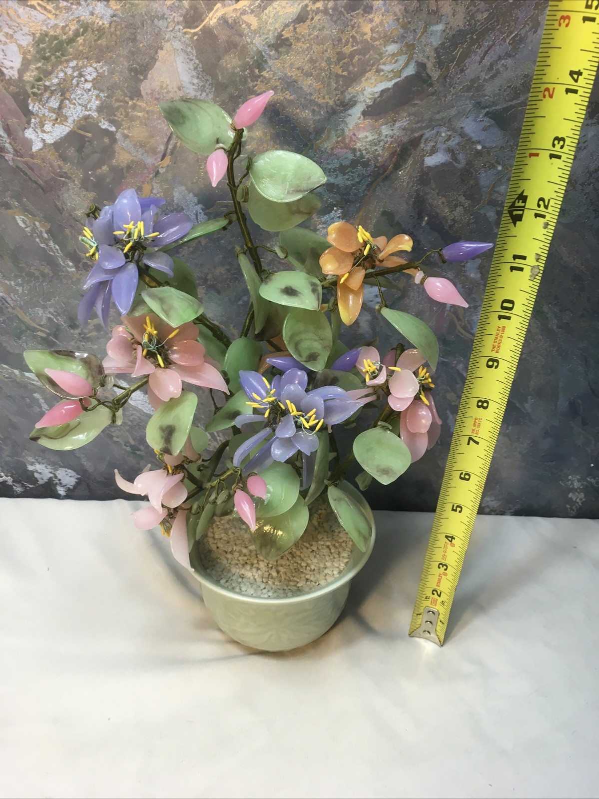 Oriental Bonsai Jade Color Art Glass Flowers Tree Celadon Porcelain Pot 12″-READ