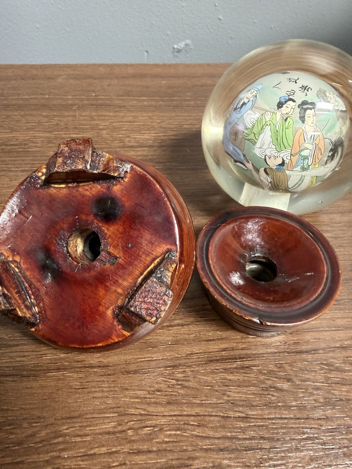 Vintage Chinese Hand Painted Reverse Art Glass Globe With Stand