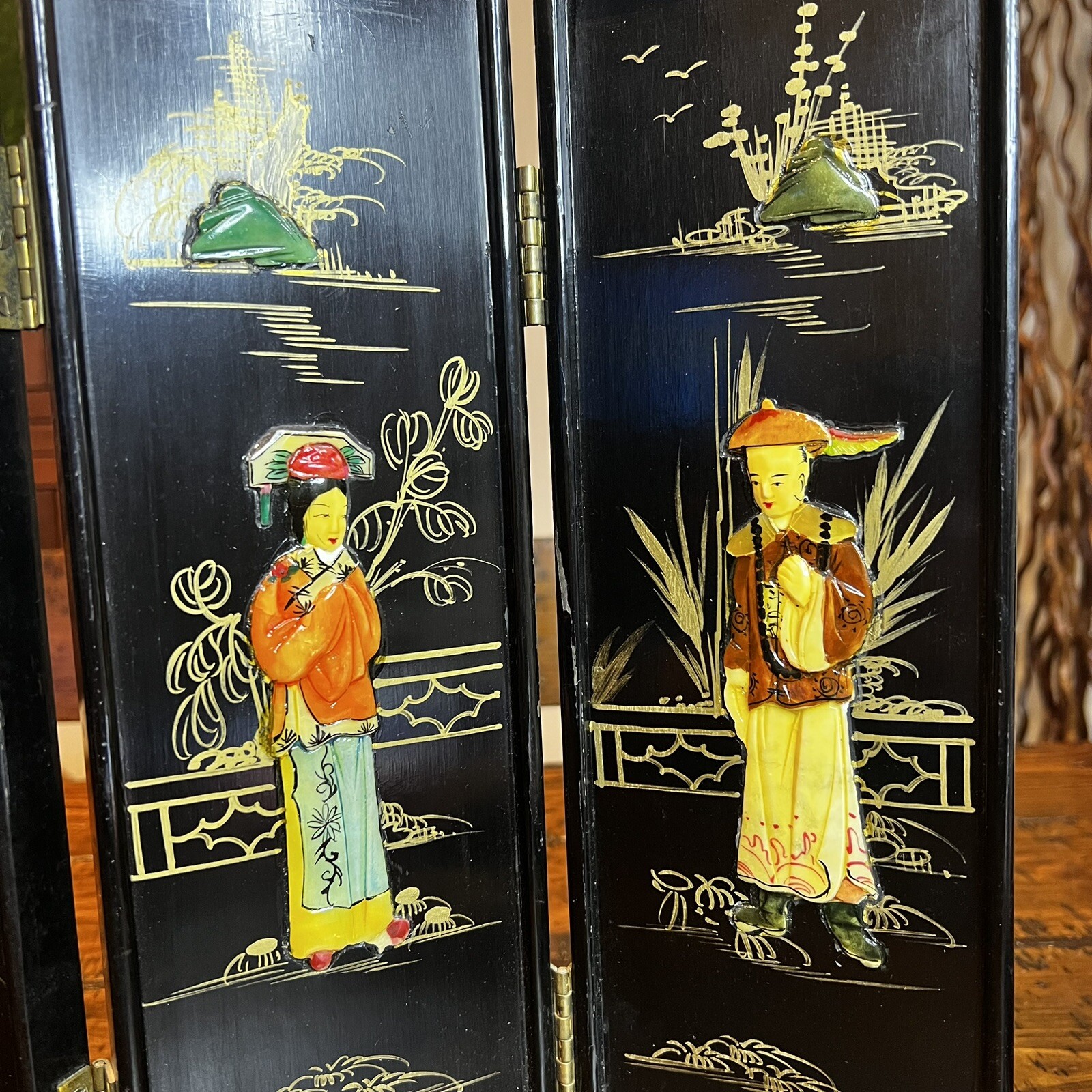 Vintage Mini Asian Chinese Lacquer Table Top Folding Screen Carved Stones Rare