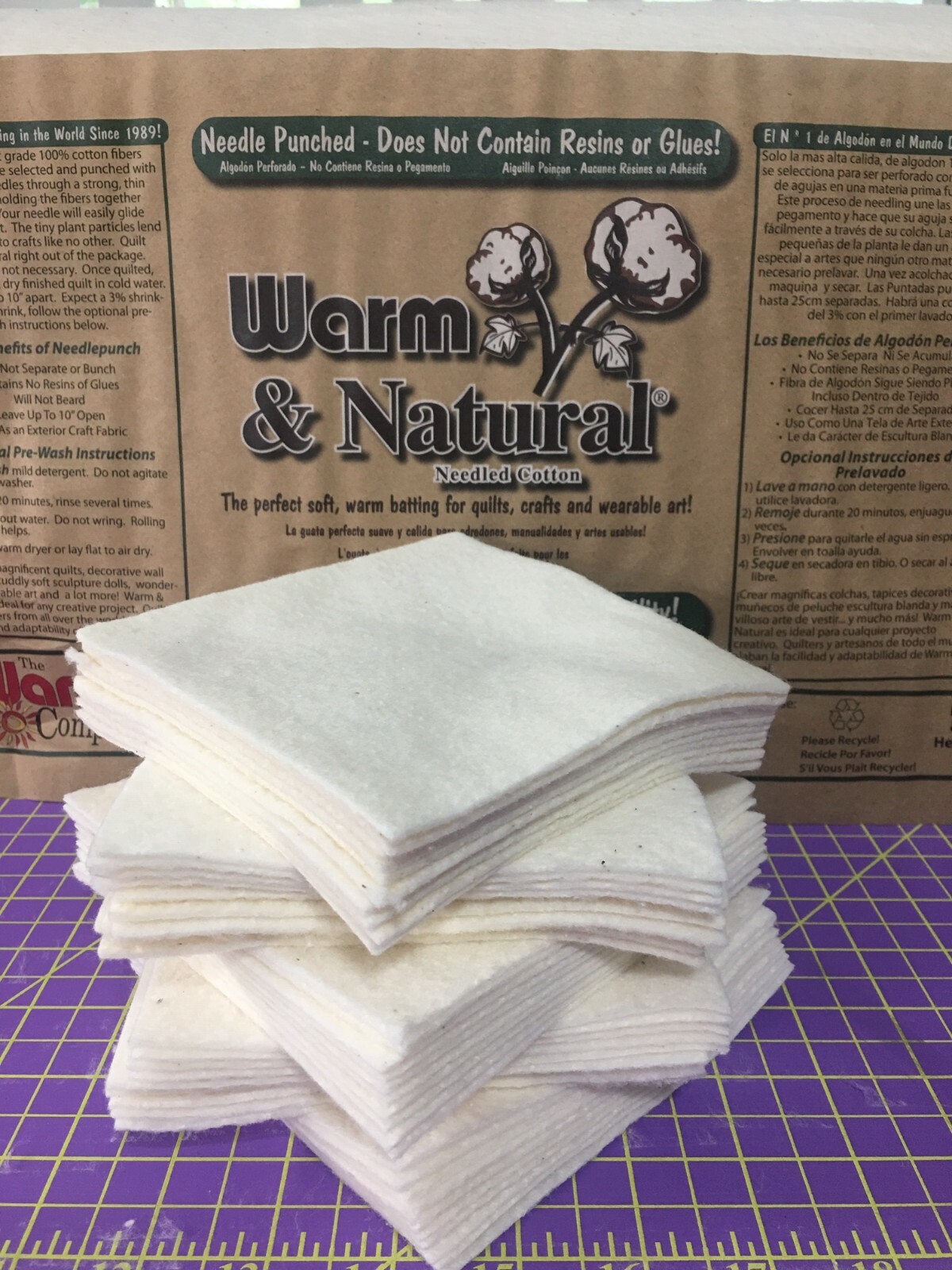 3″-12.5″ (100) PreCut Squares WARM & NATURAL Cotton Batting-Bowl Cozy-Rag Quilts