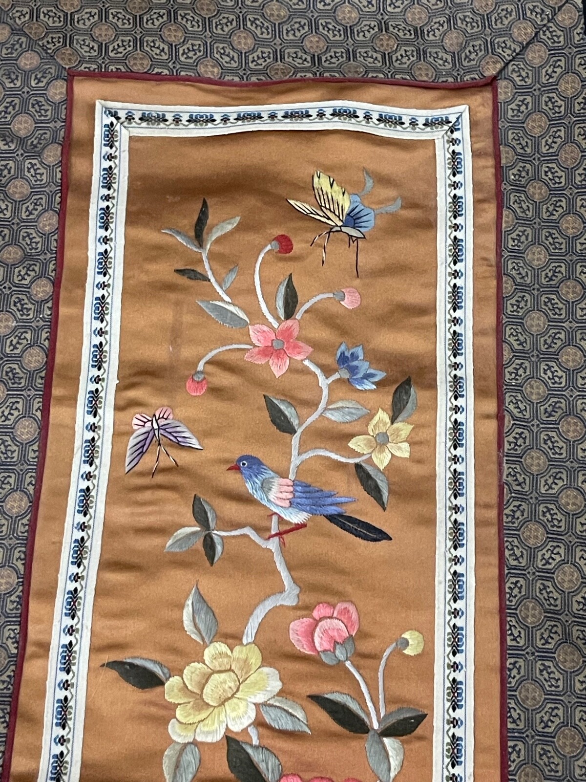 Vintage Antique Chinese Silk Embroidered Textile w/ Birds Floral & Butterfly Dec