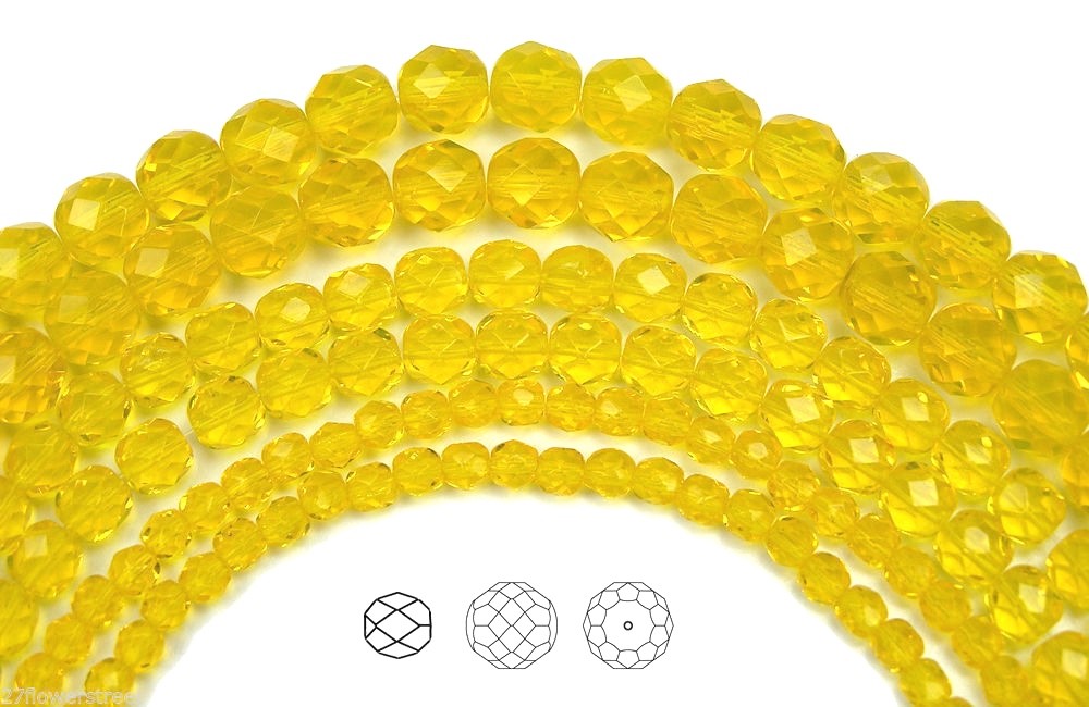 Czech Fire Polished Round Faceted Glass Beads in Citrine yellow, 3-4-6-8-10mm