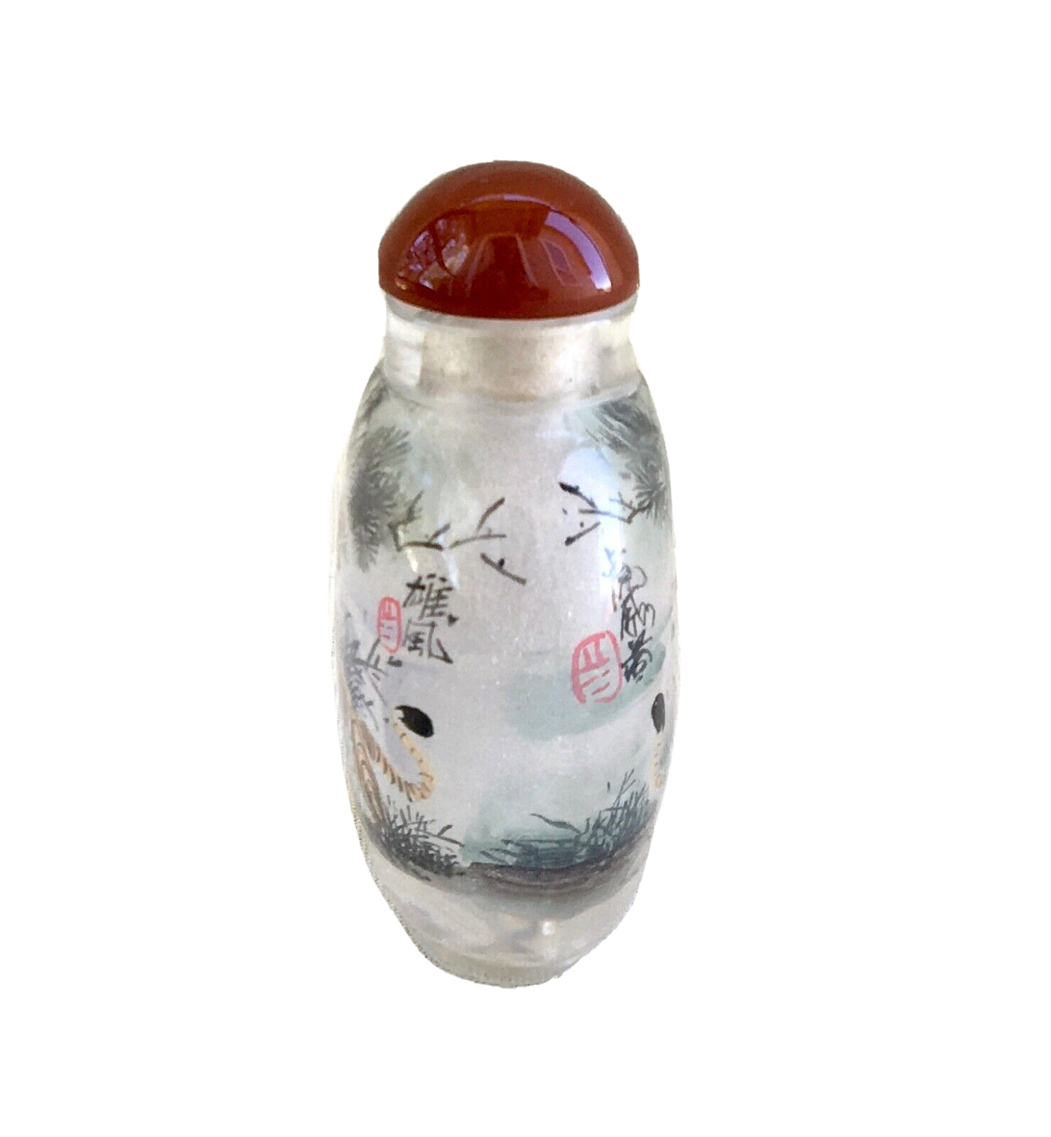 Vintage Original ‘Turning Tiger’ Hand Carved Crystal Snuff Bottle, 2-7/8″Tall