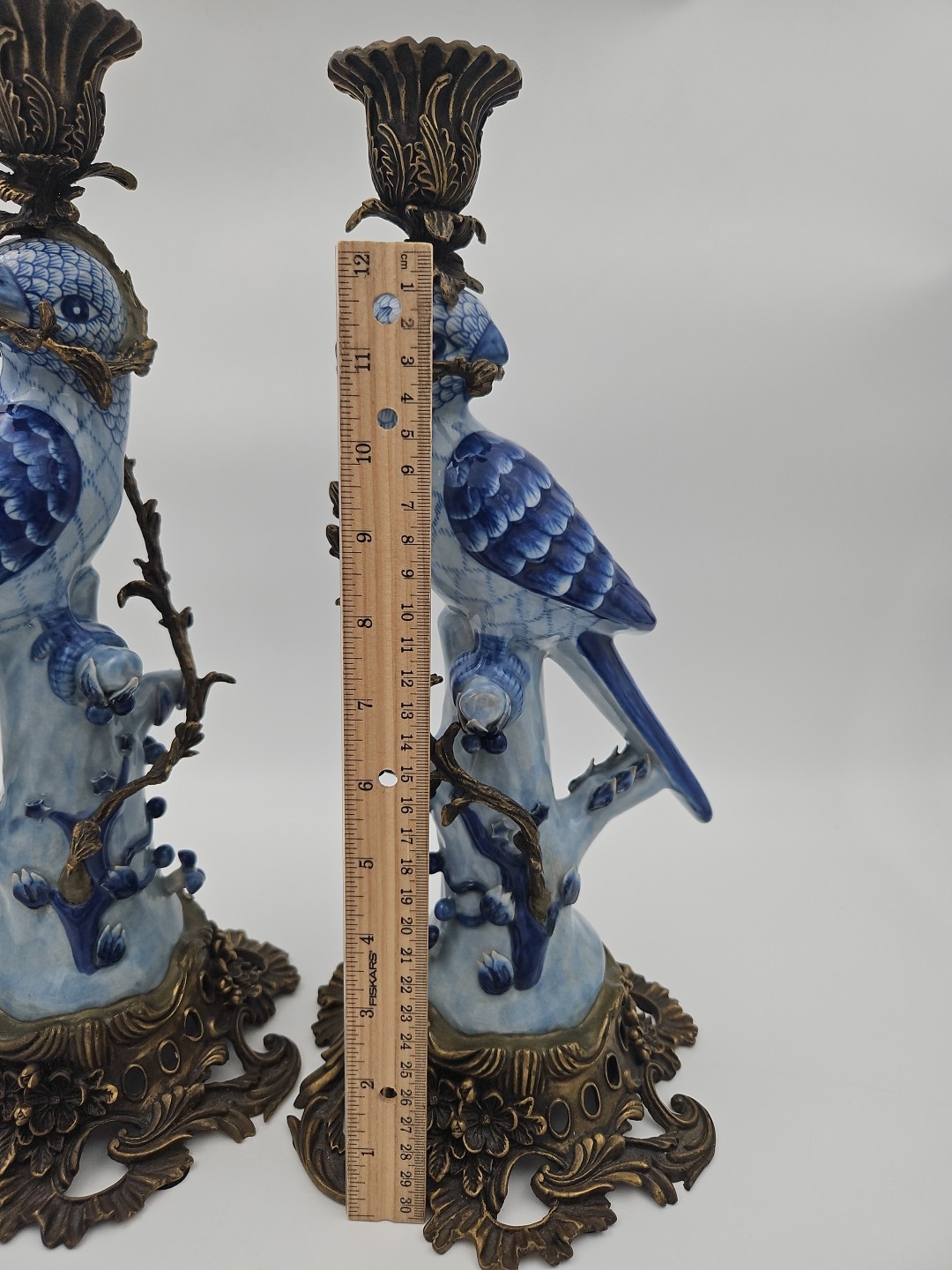 Antique Chinese Bird HOLLYWOOD REGENCY Blue Birds Brass Candle Holders 14″