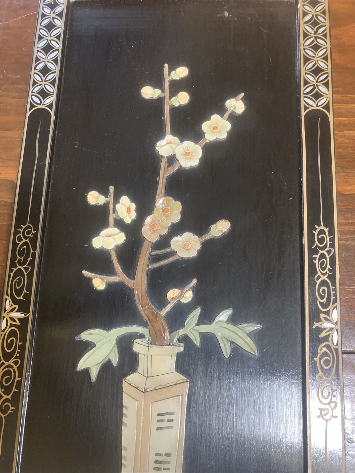 Vtg Chinese Flower Pot Black Lacquer Mother Of Pearl Stone Wall Panel 12”x 34”