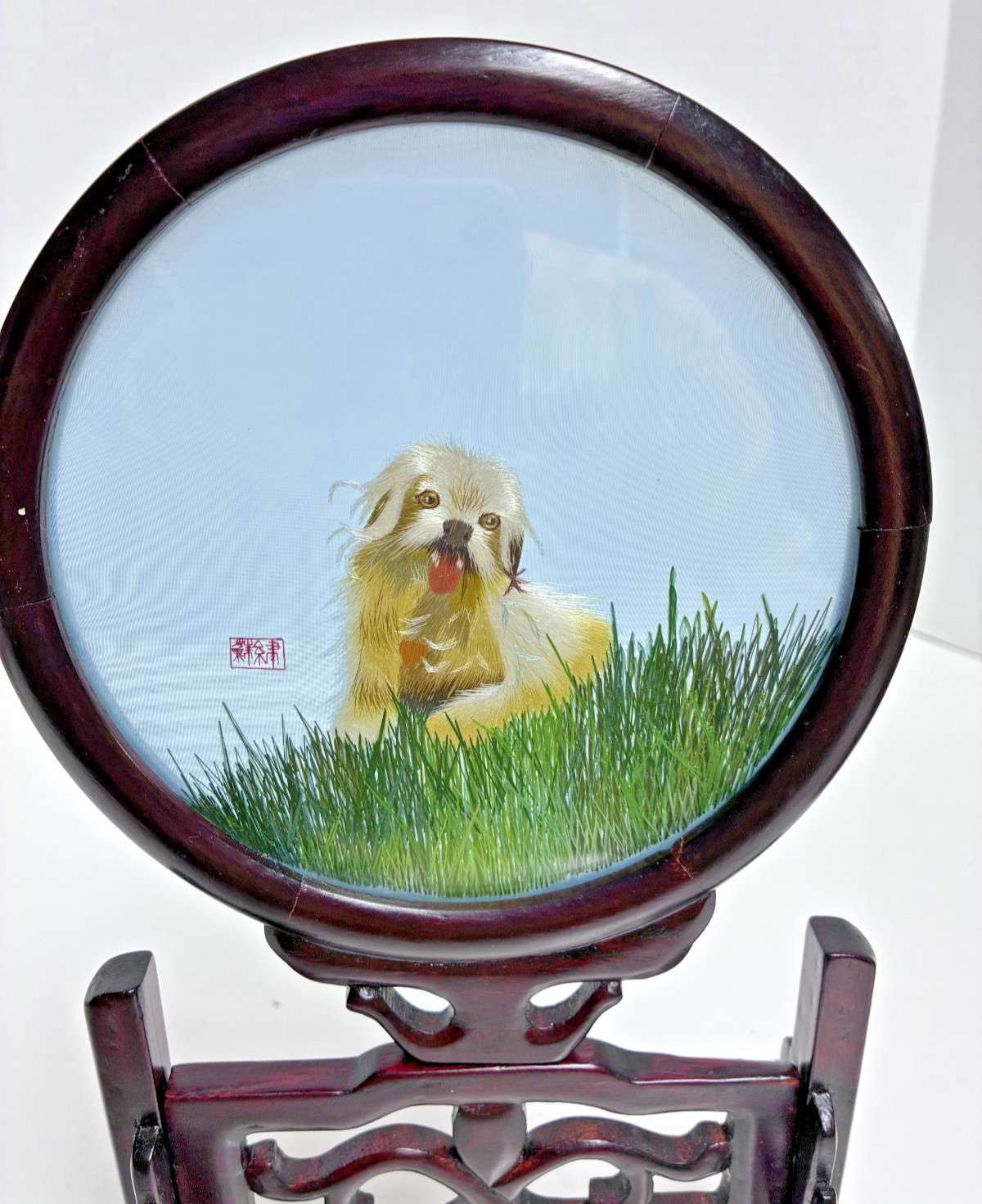 Chinese Double Sided Round Embroidery Small Dog w/Stand & Box