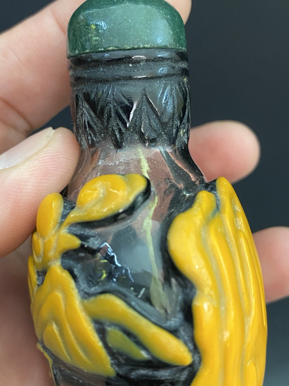 Antique Chinese Black Peking Glass Orange Overlay Snuff Bottle Jade Top