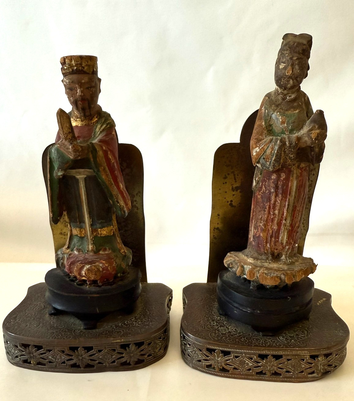 Antique Chinese Pair Sculptures Hand Carved Bookend On Brass Base