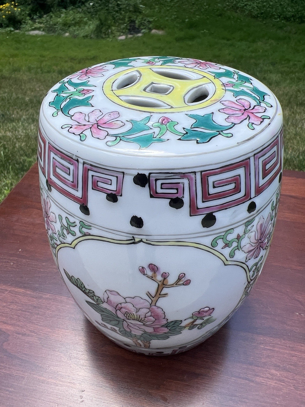 VTG Handpainted Famille Rose Chinoiserie Porcelain Plant Stand Riser Pedestal