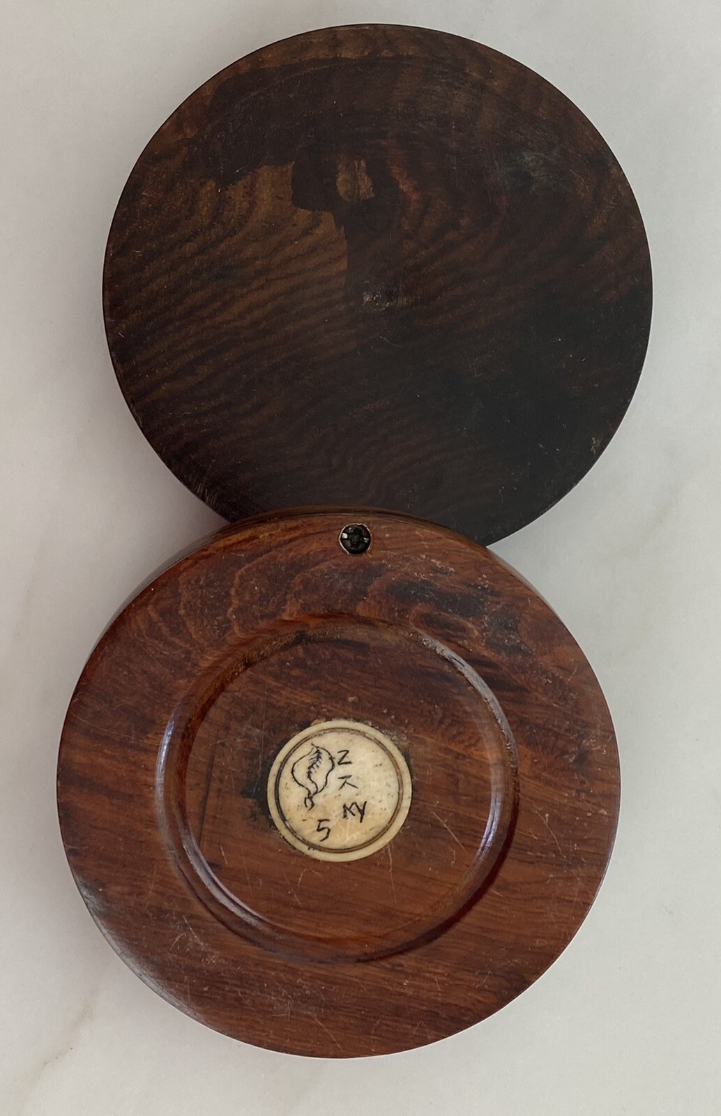 Stunning Antique Chinese Zodiac Compass Wooden Swivel Inlay Wood Engraved