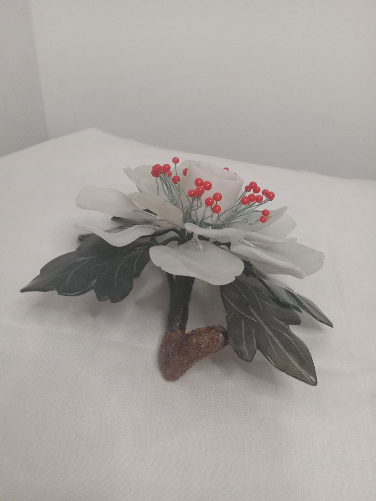 Vintage Carved Jade Carnelian Stone Lotud Flower Candle Holder Centrepiece China