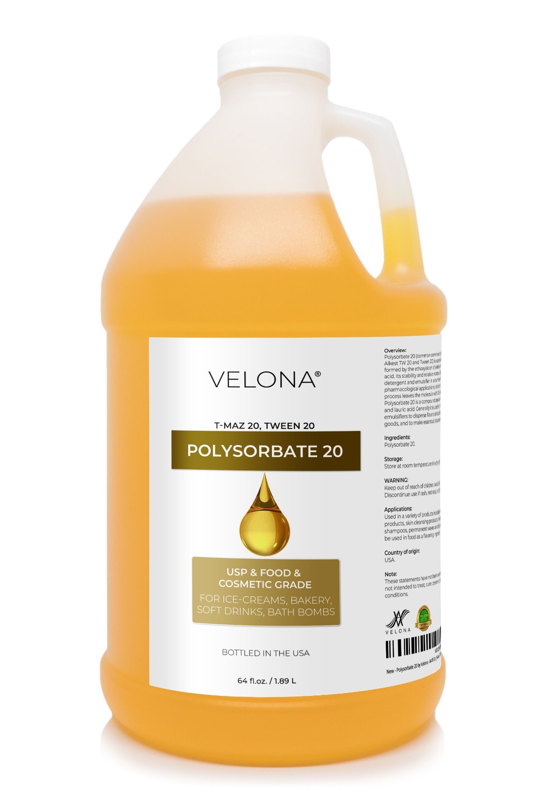 Polysorbate 20 by Velona 2oz-7lb Solubilizer, Food Cosmetic Grade Cooking, Bath