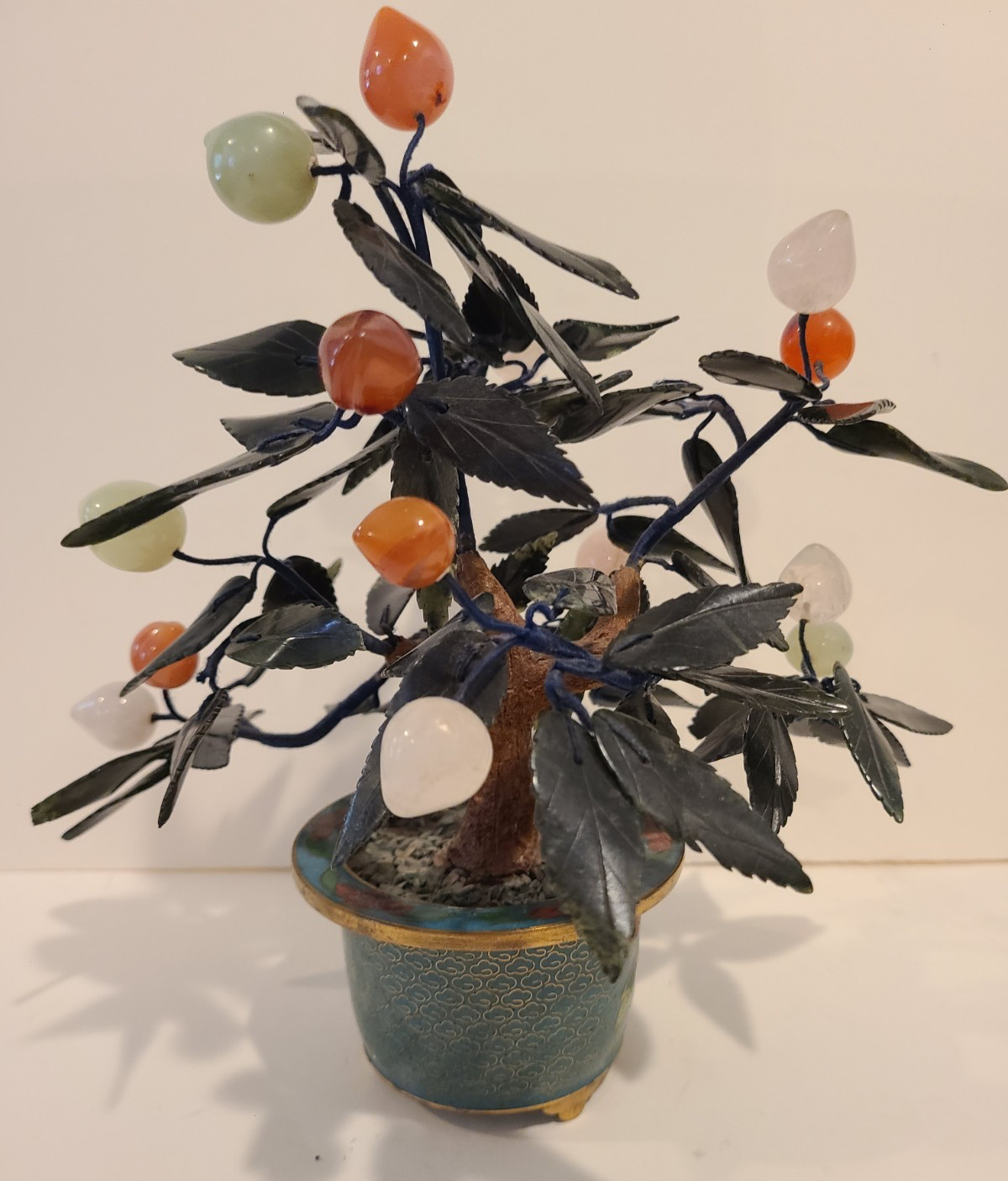 Jade Stone Bonsai Tree Cloisonne Pot Jade Quartz Peaches Cherries